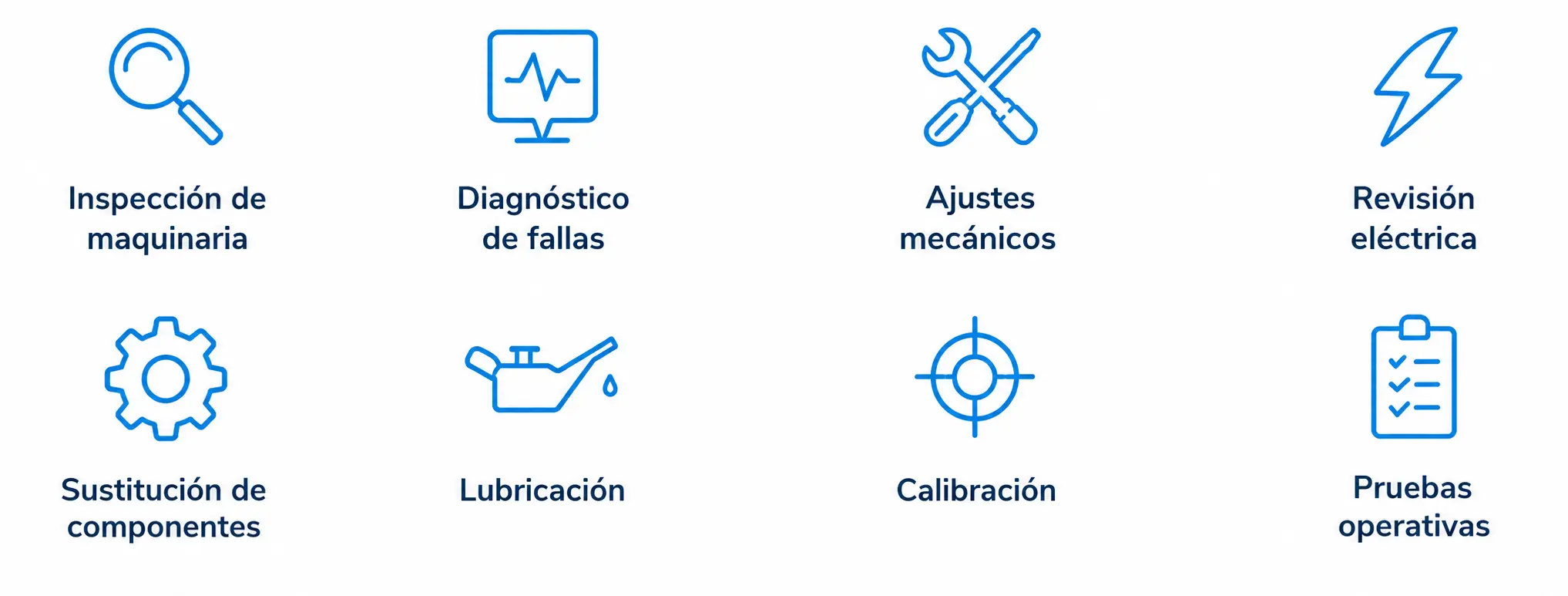 Iconos de servicios de Mantenimiento Electromecánico Industrial que representan inspección de maquinaria, diagnóstico de fallas, ajustes mecánicos, revisión eléctrica, sustitución de componentes, lubricación, calibración y pruebas operativas.
