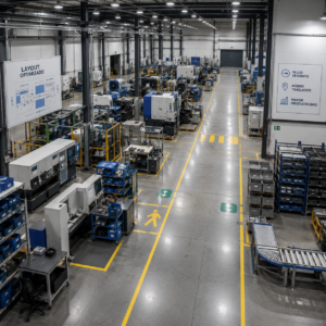 Reconfiguración de layouts industriales con distribución optimizada de maquinaria y áreas de trabajo para mejorar la eficiencia operativa