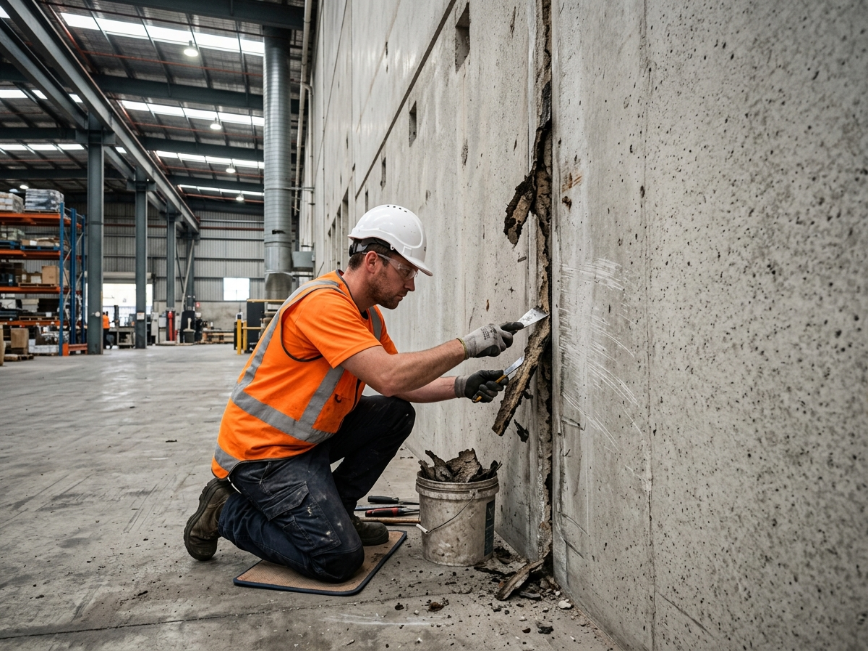 Reemplazo de juntas deterioradas en muros precolados de nave industrial mediante retiro de selladores dañados y preparación de superficies para rehabilitación.