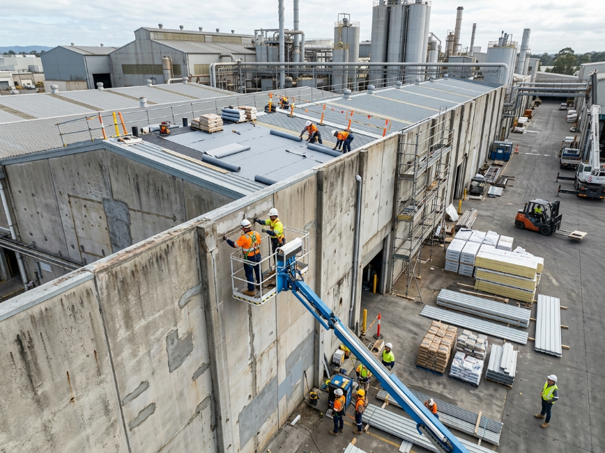 Rehabilitación de infraestructura industrial mediante mantenimiento de muros precolados, sellado de juntas y reparación de naves industriales.