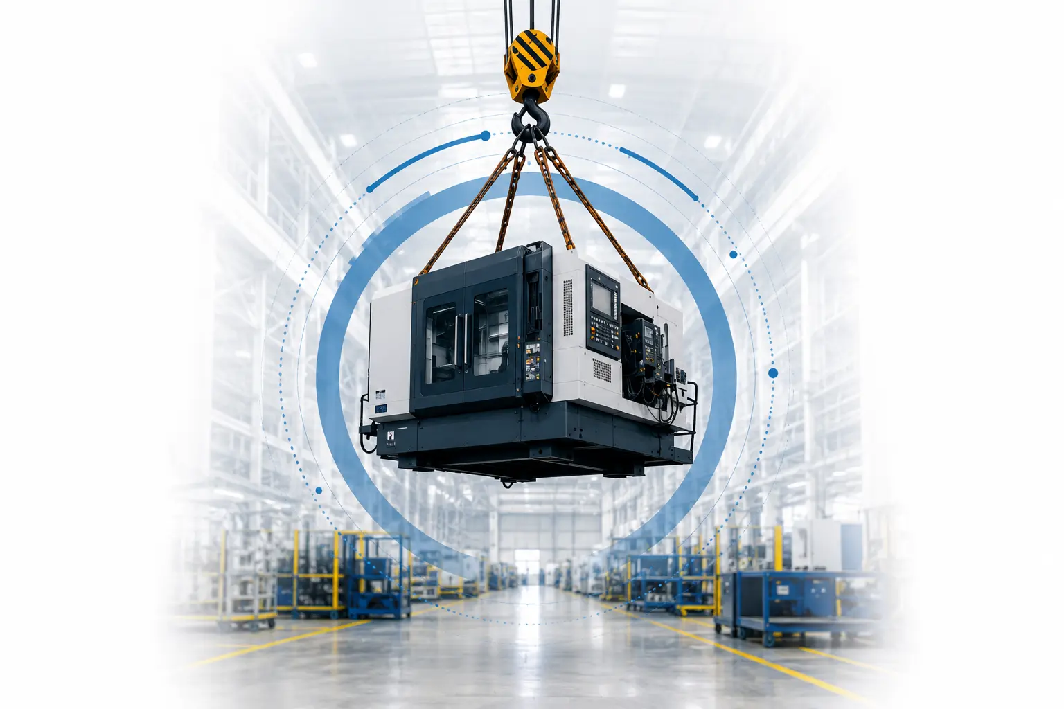 Maquinaria industrial suspendida mediante sistema de izaje en planta de manufactura, representando la planeación, el posicionamiento y el movimiento seguro de maquinaria pesada para proyectos de expansión industrial.