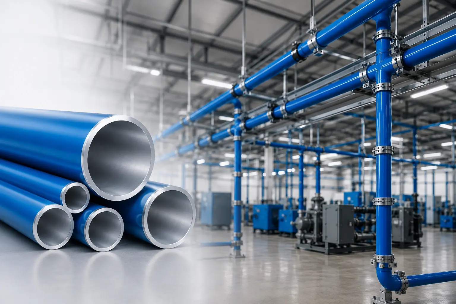 Tubería de aluminio para aire comprimido instalada en planta industrial, con red neumática de alta eficiencia para distribución de aire comprimido en procesos de manufactura en Monterrey.