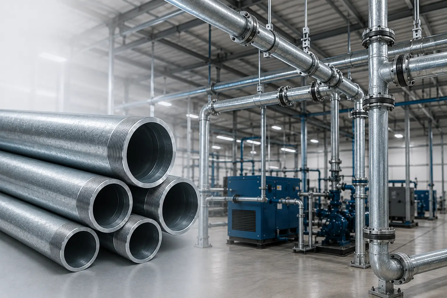 Tubería galvanizada para aire comprimido instalada en planta industrial, con red de distribución neumática resistente a la corrosión para ambientes húmedos y aplicaciones industriales en Monterrey.