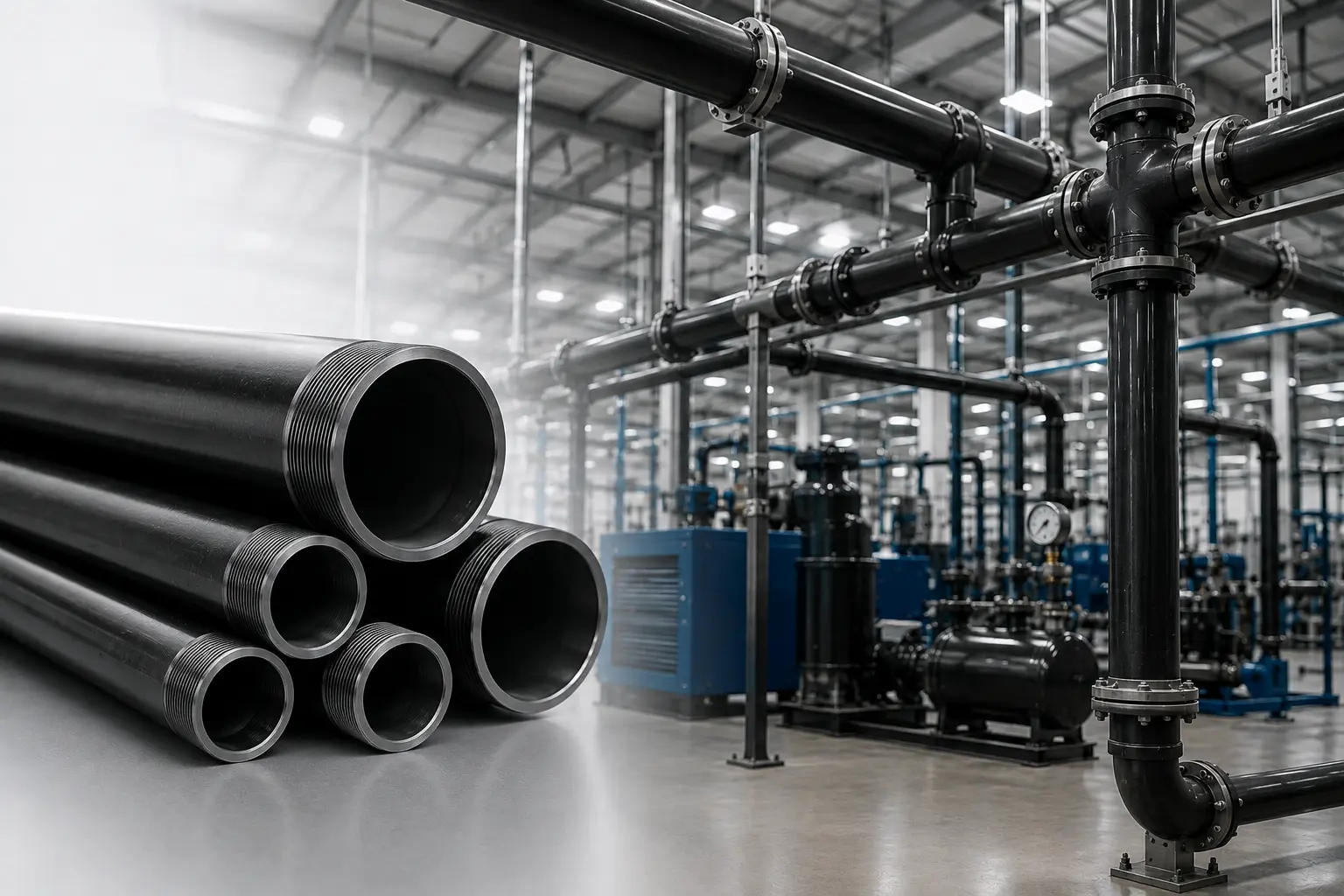 Tubería de acero negro para aire comprimido instalada en planta industrial, diseñada para sistemas de alta presión y aplicaciones de industria pesada en Monterrey.
