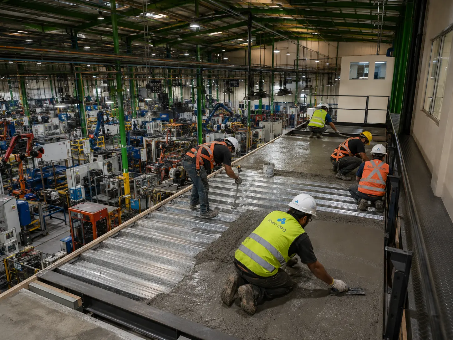 Equipo de Grupo TAFO construyendo entrepiso, obra civil industrial sin parar producción