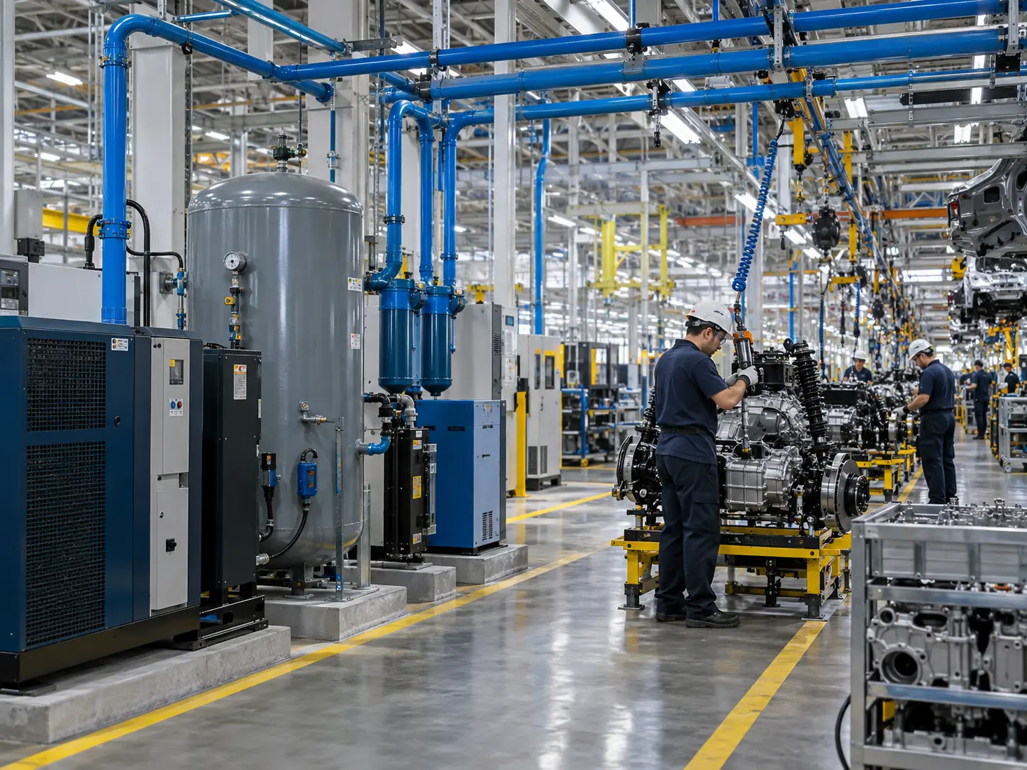 Aire Comprimido: Qué Es, Propiedades y Usos Industriales | Grupo TAFO 2 Aire comprimido industrial utilizado en una línea de producción automotriz
