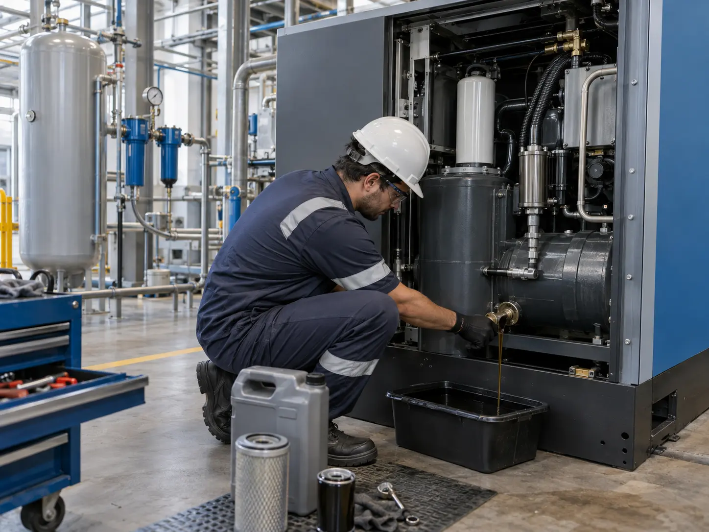 Cambio de aceite en compresor de aire industrial realizado por técnico especializado
