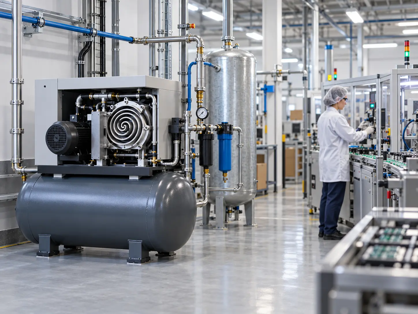 Compresor scroll instalado en una planta industrial para suministro de aire comprimido
