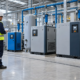Compresor de aire industrial y técnico evaluando equipos en planta