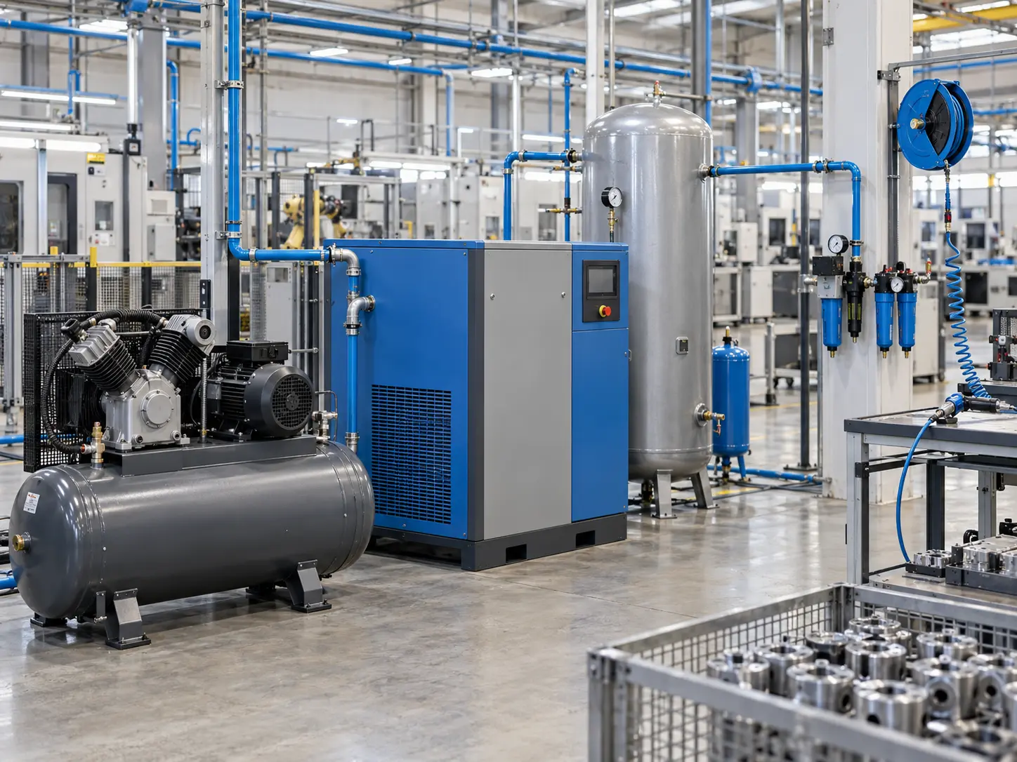 Compresores neumáticos industriales instalados en una planta de manufactura