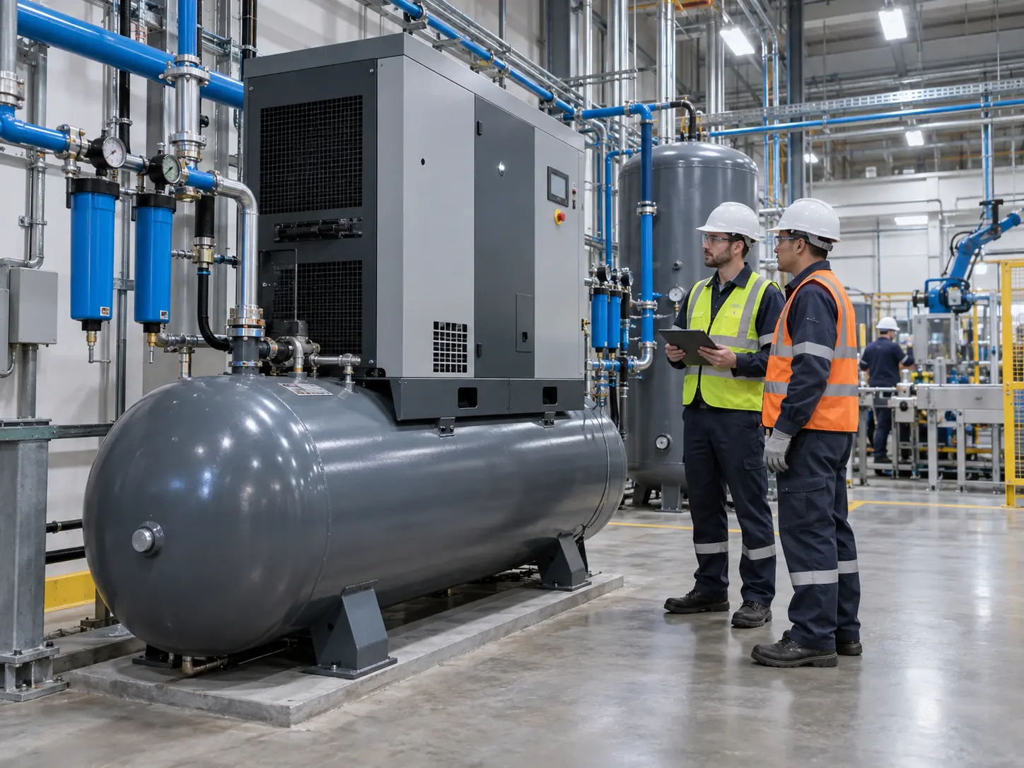 Inspección de compresor de aire industrial y sistema de tuberías