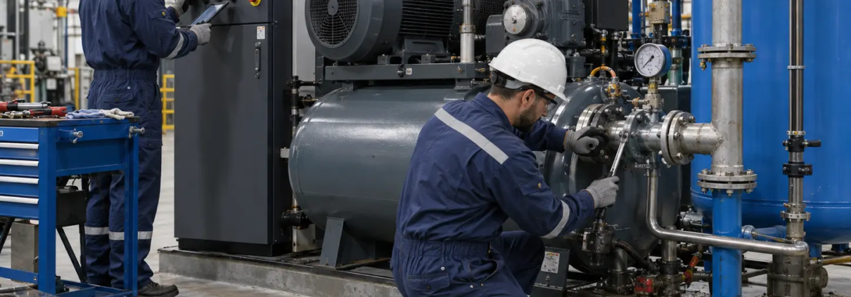 Técnicos realizando mantenimiento correctivo en compresor de aire industrial