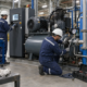 Técnicos realizando mantenimiento correctivo en compresor de aire industrial