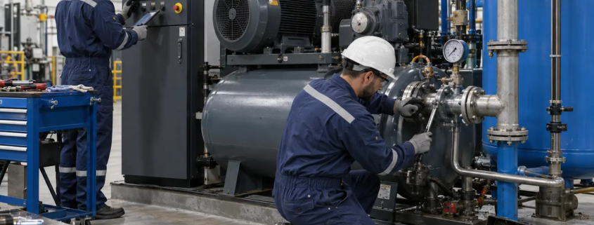 Mantenimiento Correctivo: Qué Es y 5 Ejemplos Industriales | Grupo TAFO 1 Técnicos realizando mantenimiento correctivo en compresor de aire industrial