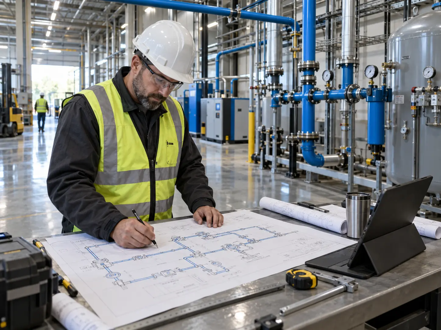 Ingeniero diseñando sistema con compresor de aire industrial en planta