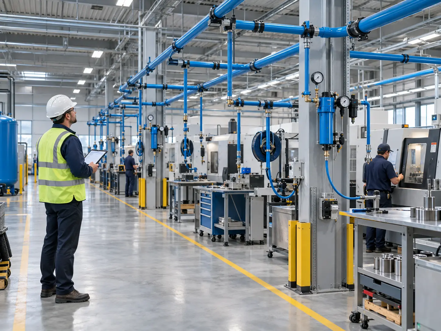 Que es un compresor industrial y cómo funciona | Grupo TAFO 2 Red de aire comprimido industrial con tuberías y equipos neumáticos dentro de una planta