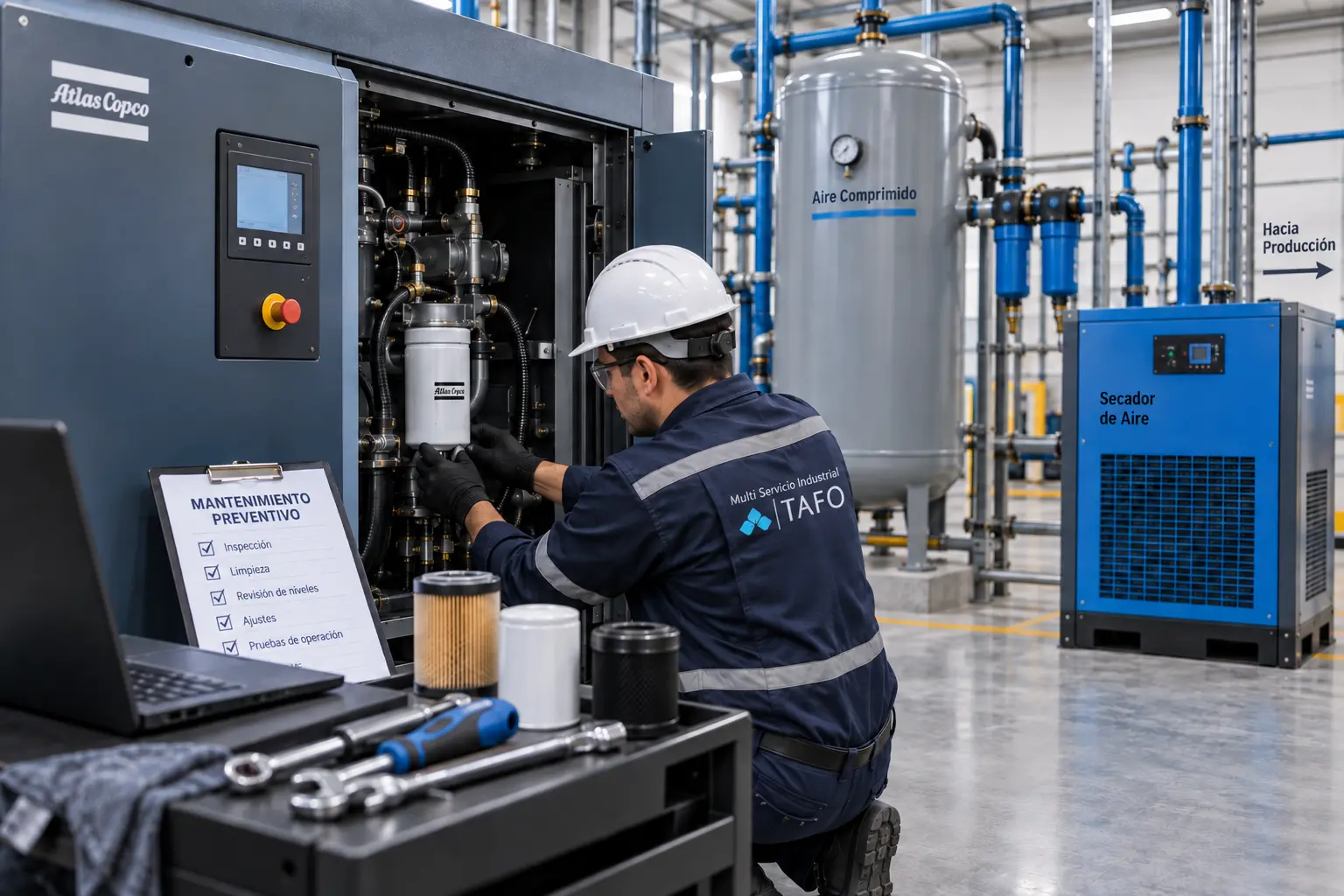 Supervisión de mantenimiento preventivo en instalaciones y sistemas de aire comprimido industrial
