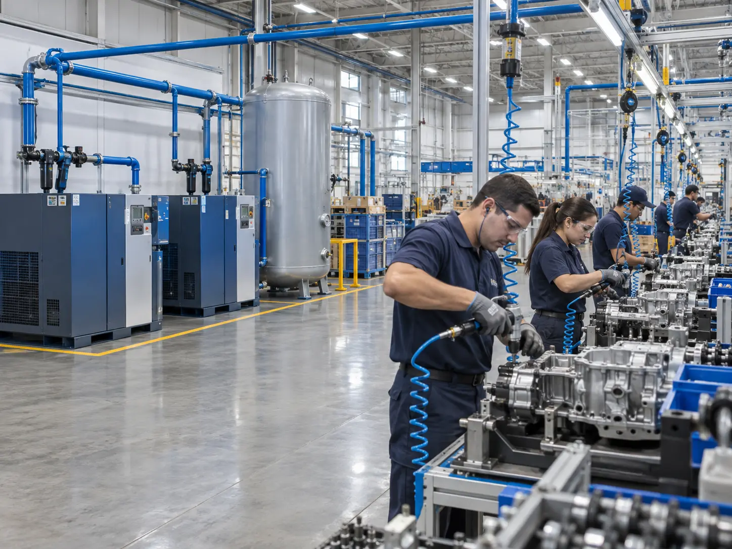 Compresores de aire industriales utilizados en una planta de manufactura