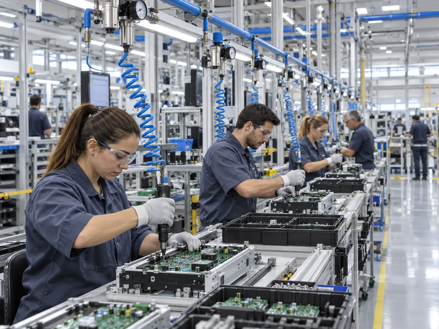 Que es un compresor industrial y cómo funciona | Grupo TAFO 3 Red de aire comprimido industrial con tuberías y equipos neumáticos dentro de una planta