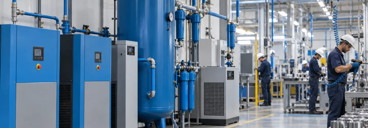 Aire Comprimido: Qué Es, Propiedades y Usos Industriales | Grupo TAFO 1 Sistema de aire comprimido industrial con compresores, tanque receptor y red de tuberías en una planta