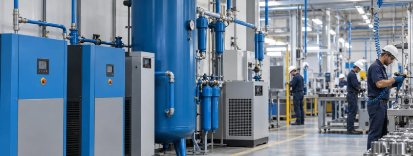 Aire Comprimido: Qué Es, Propiedades y Usos Industriales | Grupo TAFO 3 Sistema de aire comprimido industrial con compresores, tanque receptor y red de tuberías en una planta