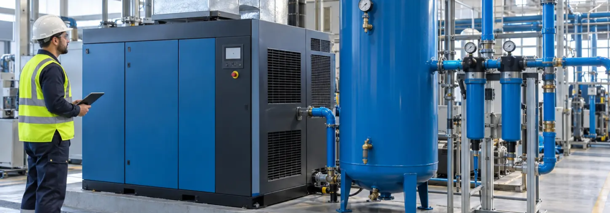 Que es un compresor industrial y cómo funciona | Grupo TAFO 1 Compresor industrial con tanque receptor y sistema de aire comprimido instalado en una planta