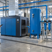 Compresor industrial con tanque receptor y sistema de aire comprimido instalado en una planta
