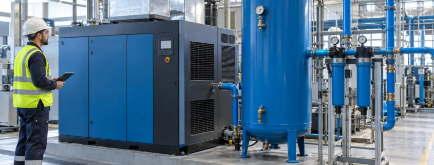 Que es un compresor industrial y cómo funciona | Grupo TAFO 10 Compresor industrial con tanque receptor y sistema de aire comprimido instalado en una planta