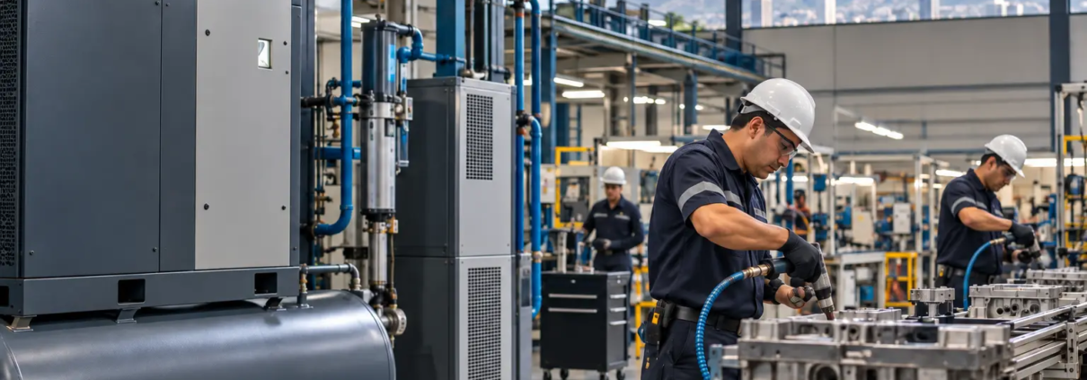 Técnico de Grupo TAFO junto a sistema de compresores de aire industriales en Monterrey