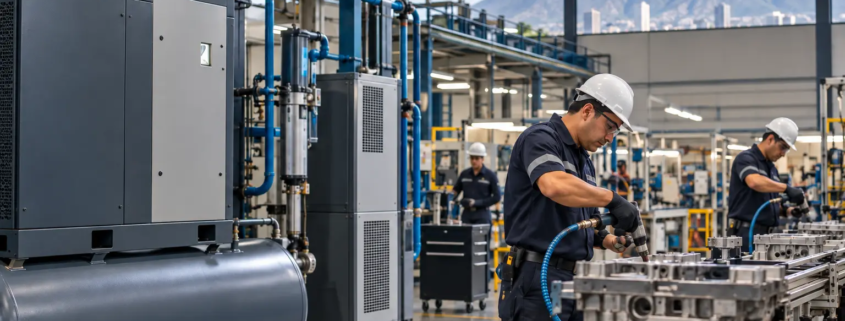 Compresores de Aire en Monterrey para la Industria | Grupo TAFO 1 Técnico de Grupo TAFO junto a sistema de compresores de aire industriales en Monterrey