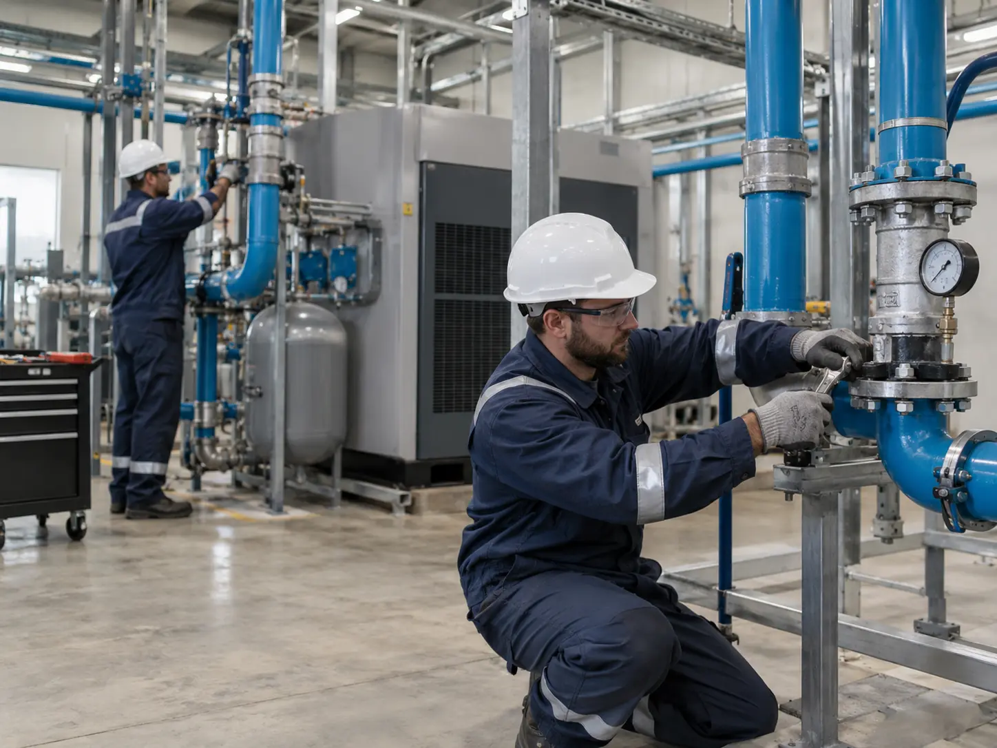 Técnico realizando mantenimiento correctivo en sistema de aire comprimido industrial