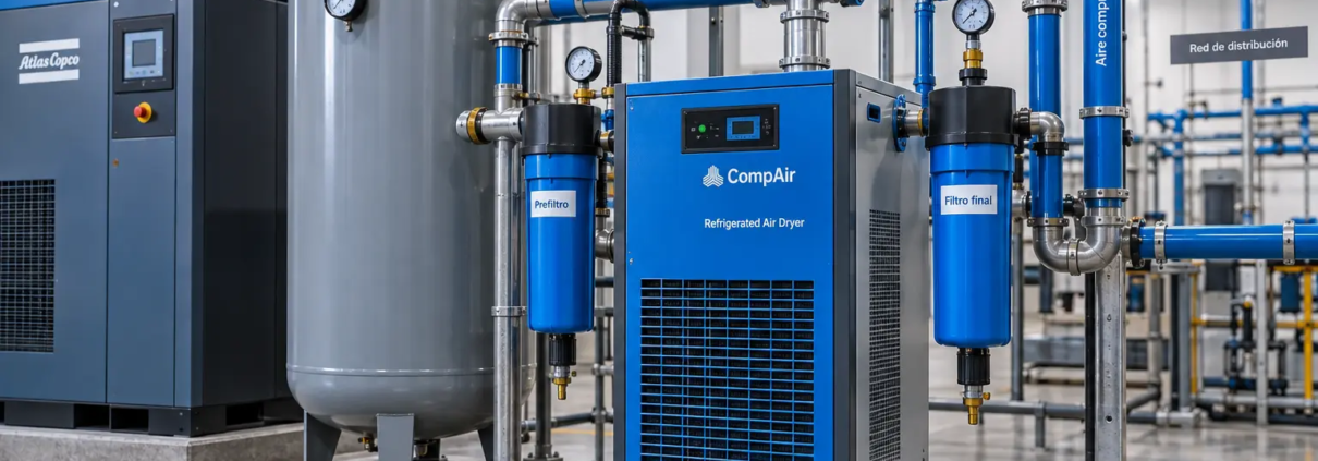 Secador de Aire para Compresor: Cómo Funciona | Grupo TAFO 1 Secador de aire comprimido industrial instalado junto a compresor y tanque receptor