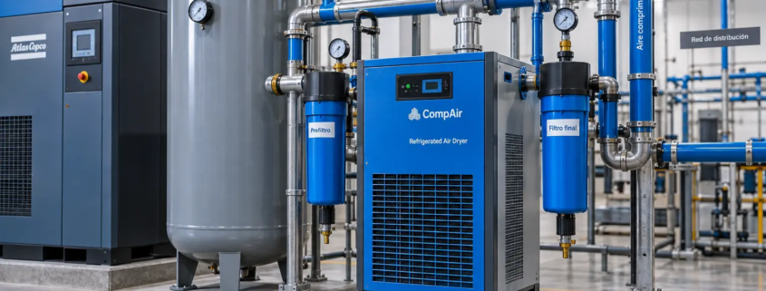 Secador de aire comprimido industrial instalado junto a compresor y tanque receptor