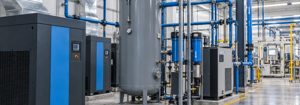 Sistema de aire comprimido industrial con compresor, tanque receptor y red de tuberías