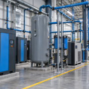 Sistema de aire comprimido industrial con compresor, tanque receptor y red de tuberías