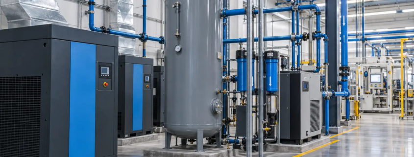 Sistema de aire comprimido industrial con compresor, tanque receptor y red de tuberías