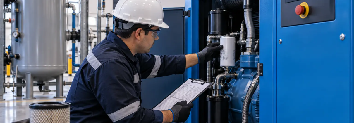 Técnico realizando mantenimiento preventivo en compresor de aire industrial