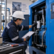 Técnico realizando mantenimiento preventivo en compresor de aire industrial