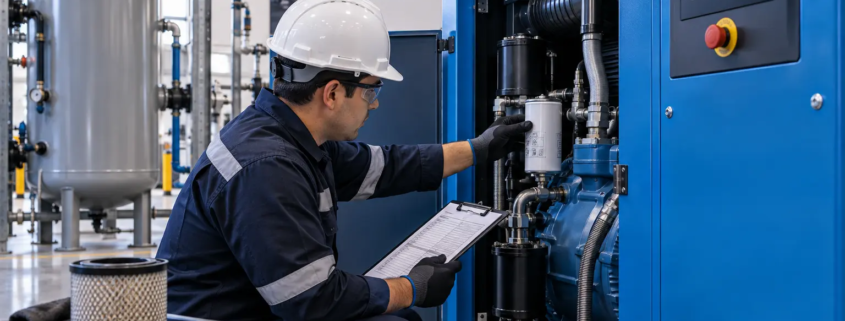 Técnico realizando mantenimiento preventivo en compresor de aire industrial
