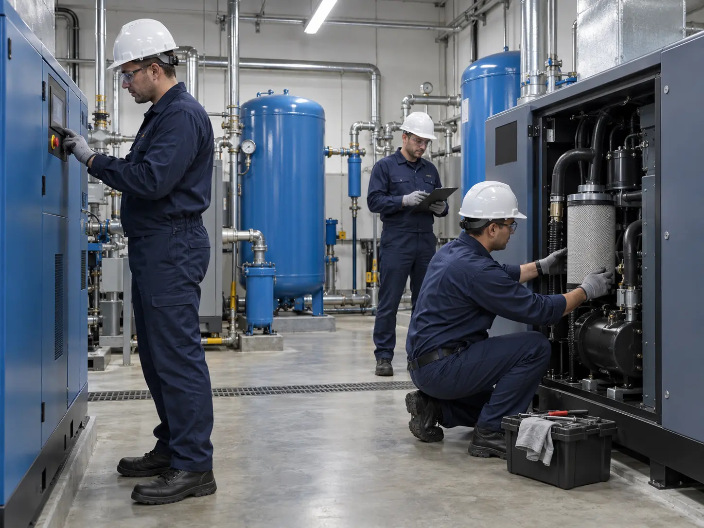 Técnicos realizando mantenimiento preventivo a compresor de aire industrial