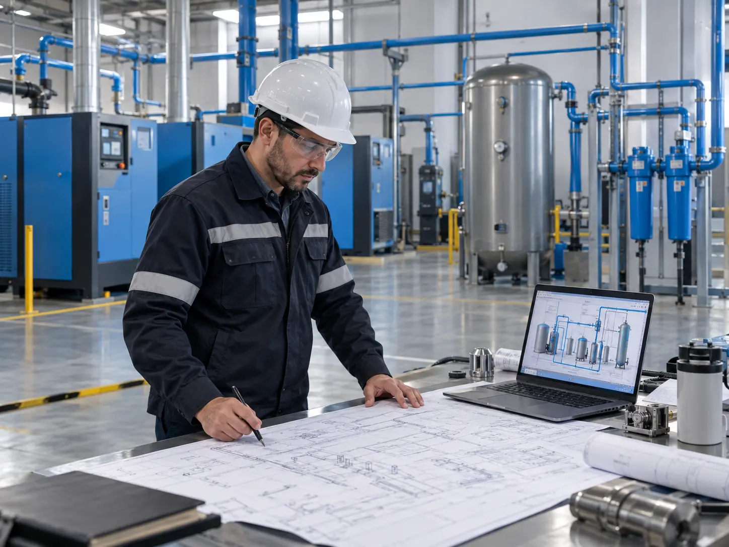 Técnico supervisando el diseño de una red de aire comprimido industrial en una planta