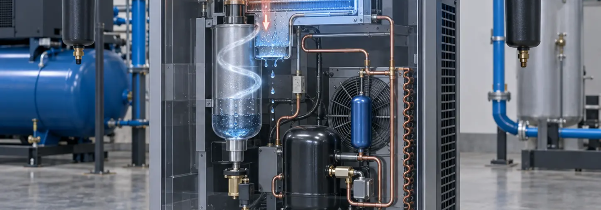 Secador refrigerativo industrial instalado en un sistema de aire comprimido
