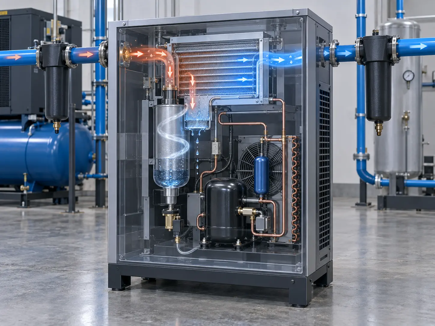 Secador refrigerativo industrial instalado en un sistema de aire comprimido