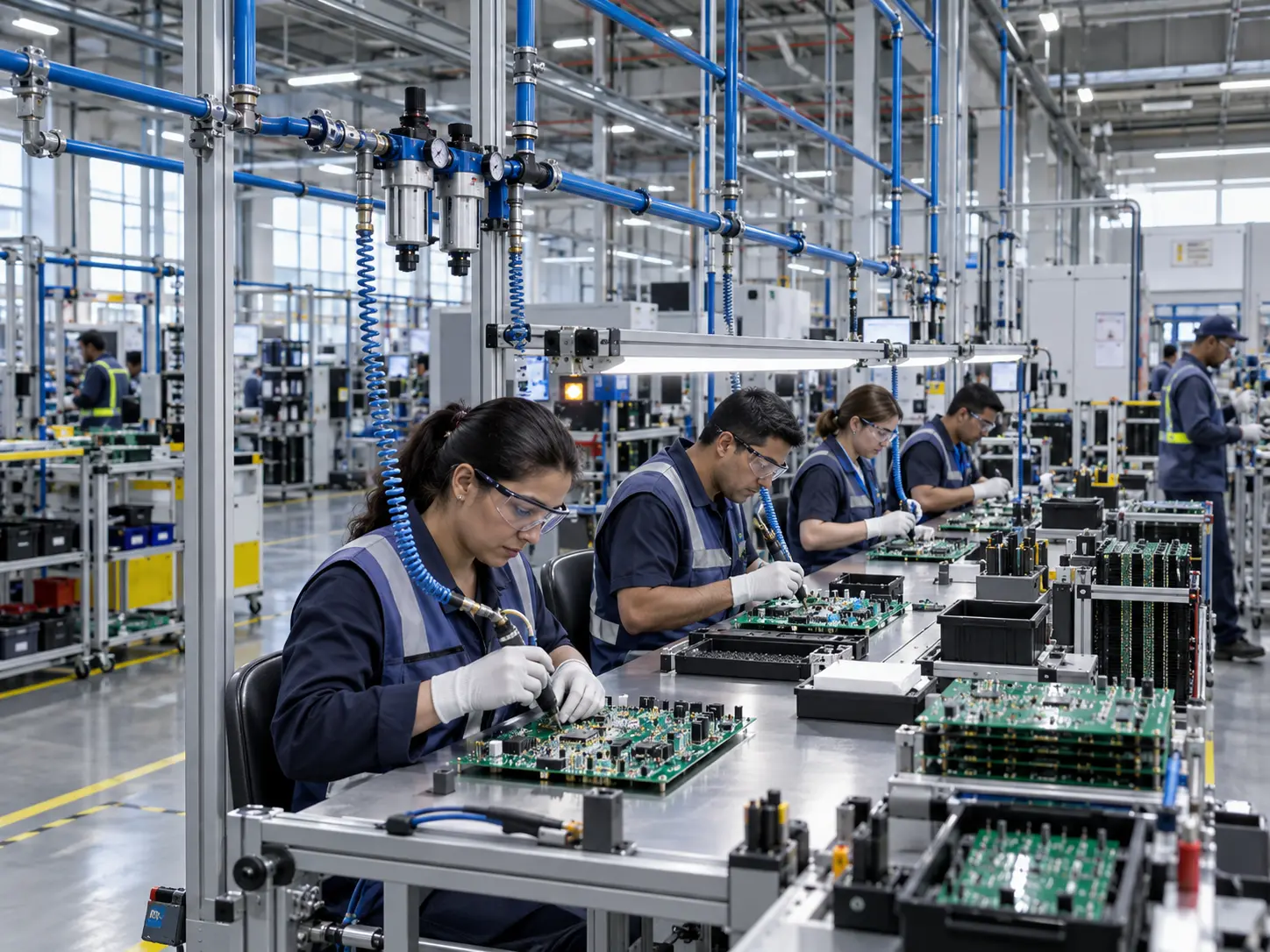 Aire comprimido industrial utilizado en línea de producción automatizada