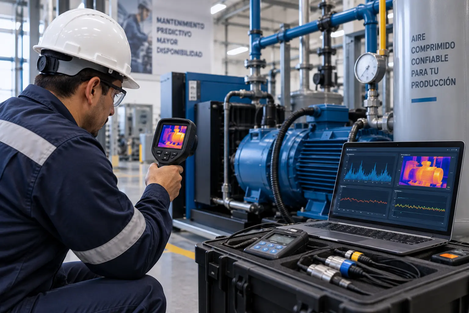 Técnico realizando análisis térmico y mantenimiento predictivo de equipo industrial